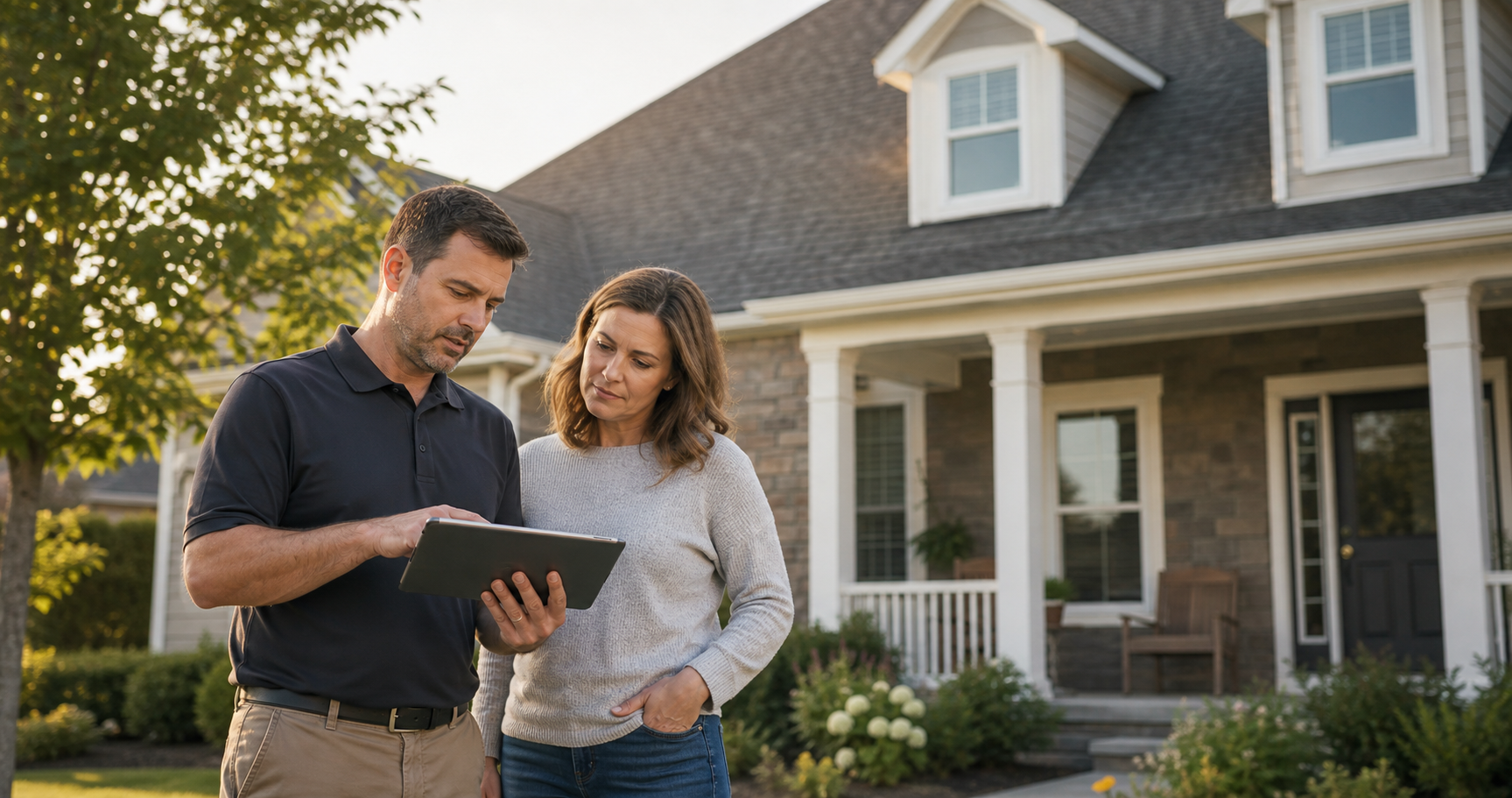Roofing consultant reviewing an inspection with a homeowner