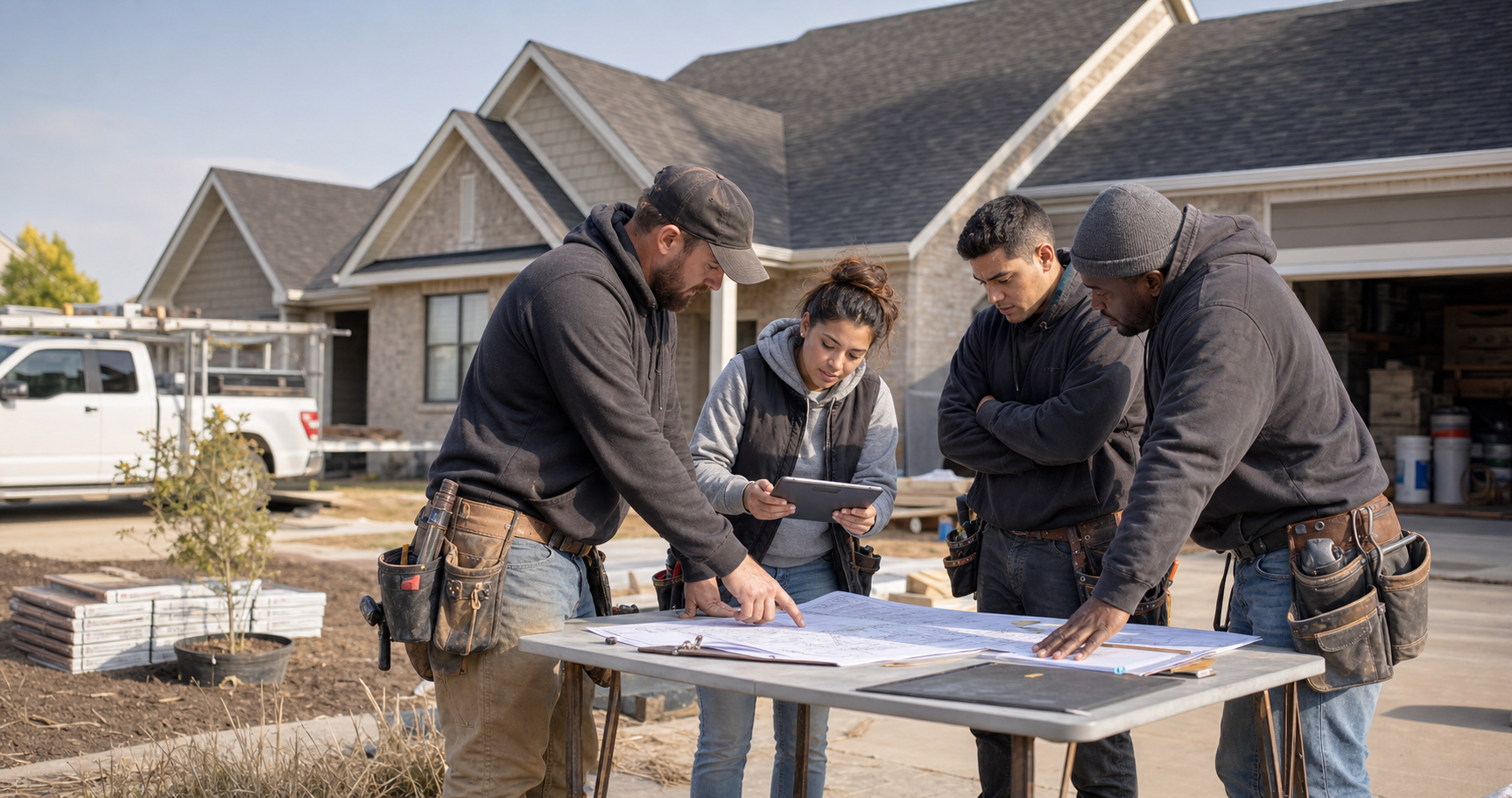 Roofing team reviewing project plans